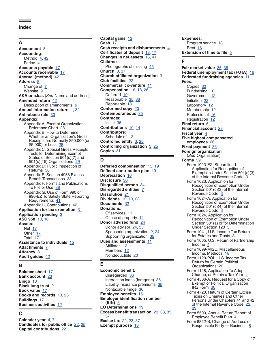 Instructions for IRS Form 990-EZ Short Form Return of Organization Exempt From Income Tax, Page 47
