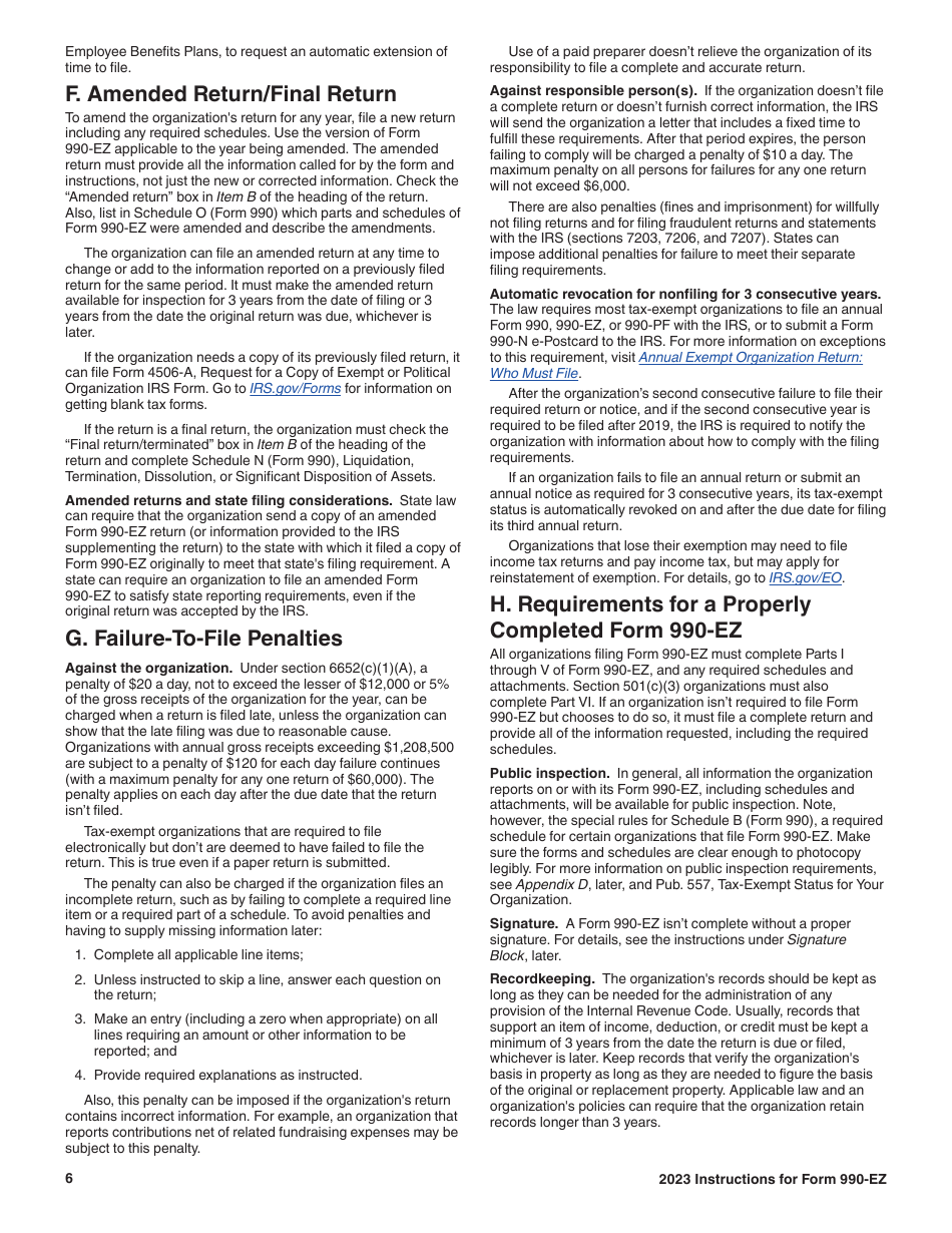 Instructions for IRS Form 990-EZ Short Form Return of Organization Exempt From Income Tax, Page 6
