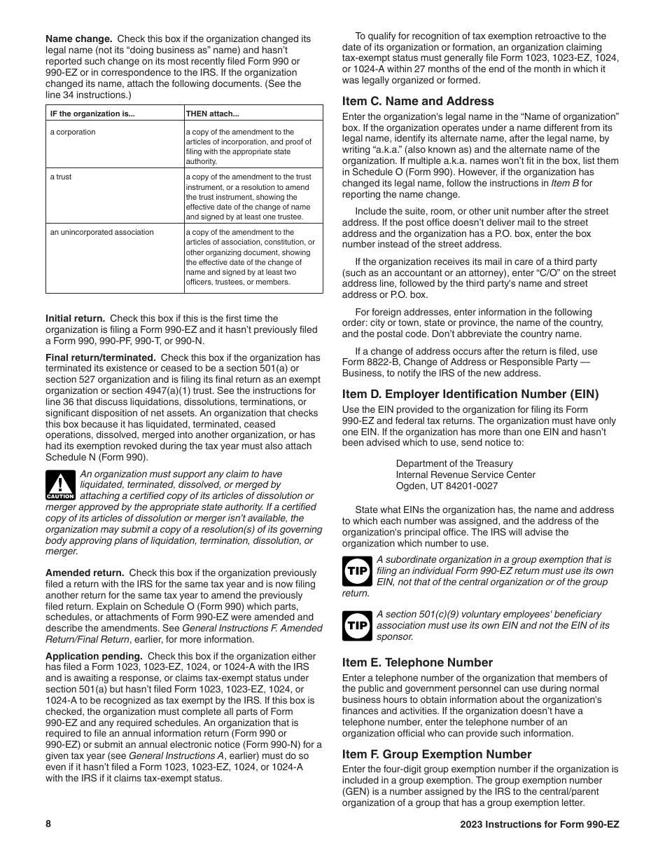 Instructions for IRS Form 990-EZ Short Form Return of Organization Exempt From Income Tax, Page 8