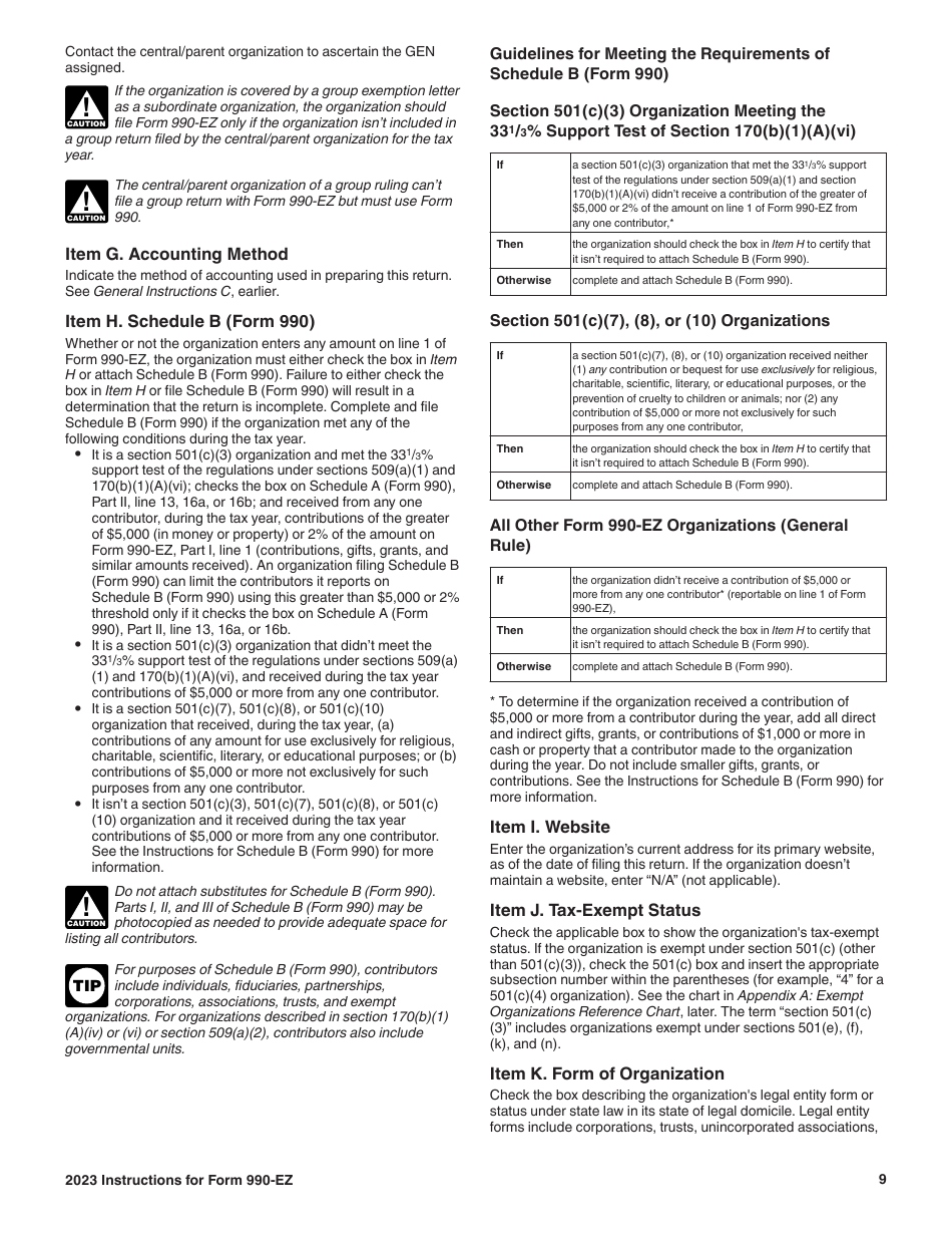 Instructions for IRS Form 990-EZ Short Form Return of Organization Exempt From Income Tax, Page 9