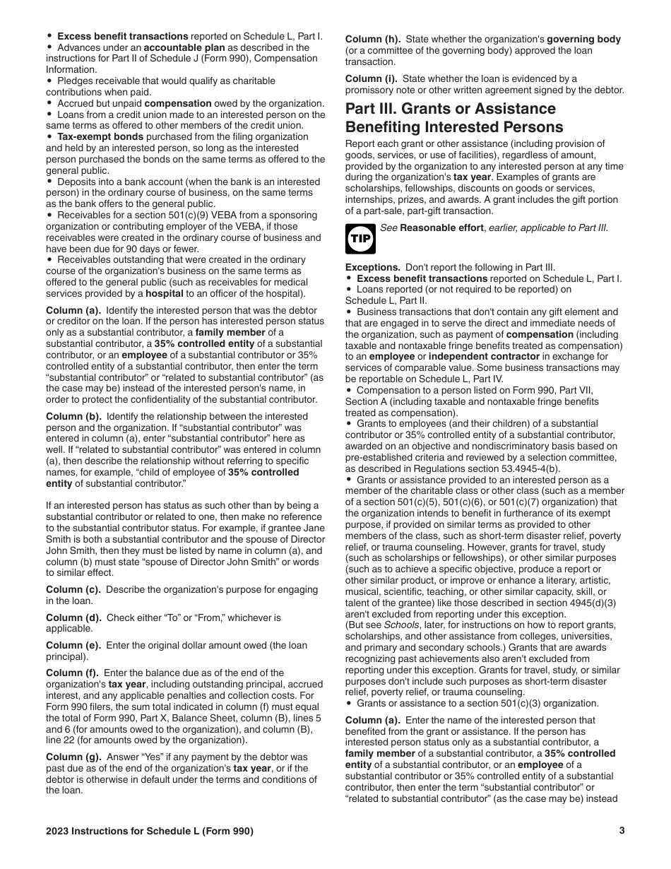 Instructions for IRS Form 990 Schedule L Transactions With Interested Persons, Page 3