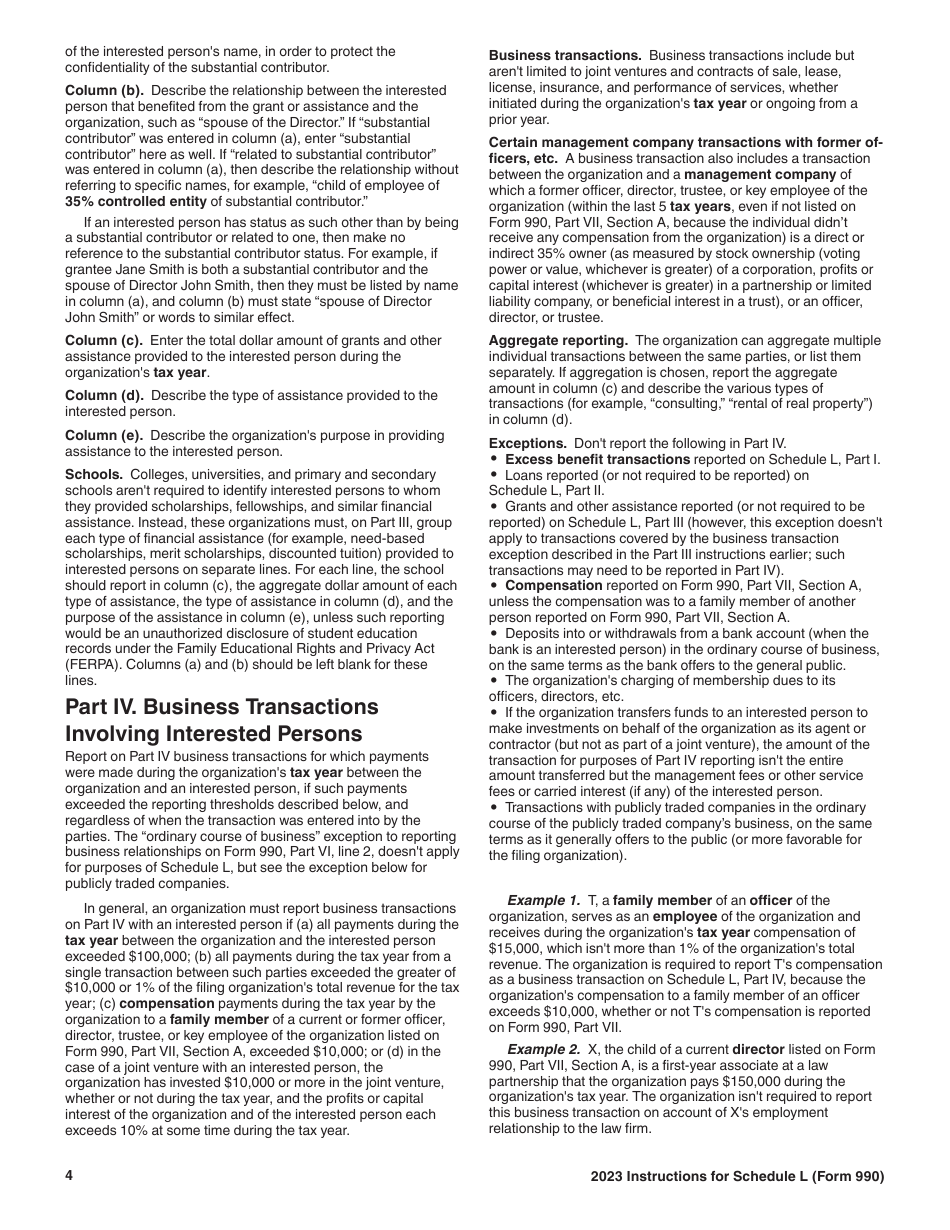 Instructions for IRS Form 990 Schedule L Transactions With Interested Persons, Page 4