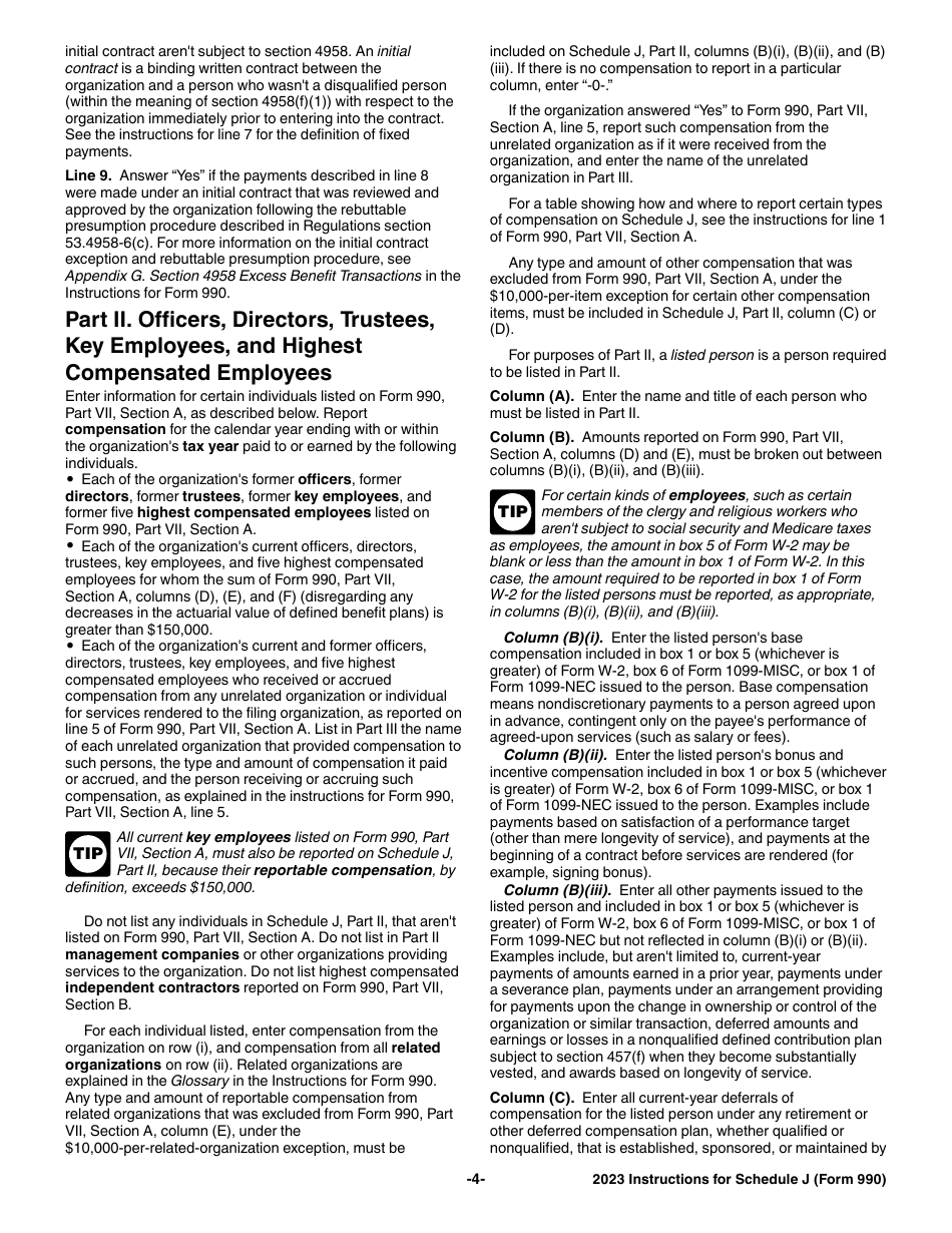 Instructions for IRS Form 990 Schedule J Compensation Information, Page 4