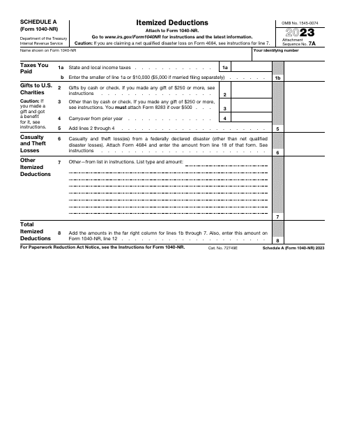 IRS Form 1040-NR Schedule A 2023 Printable Pdf