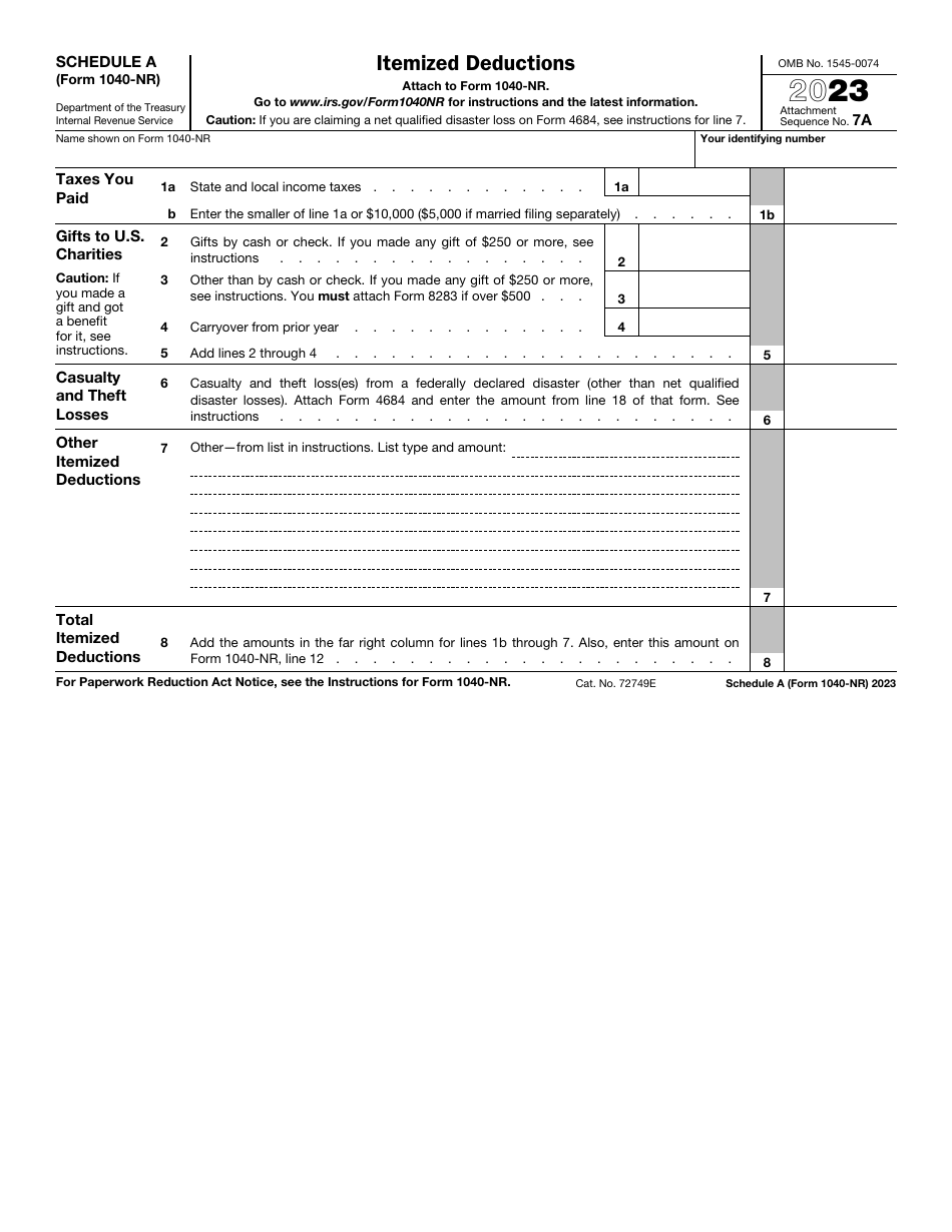 IRS Form 1040NR Schedule A Download Fillable PDF or Fill Online