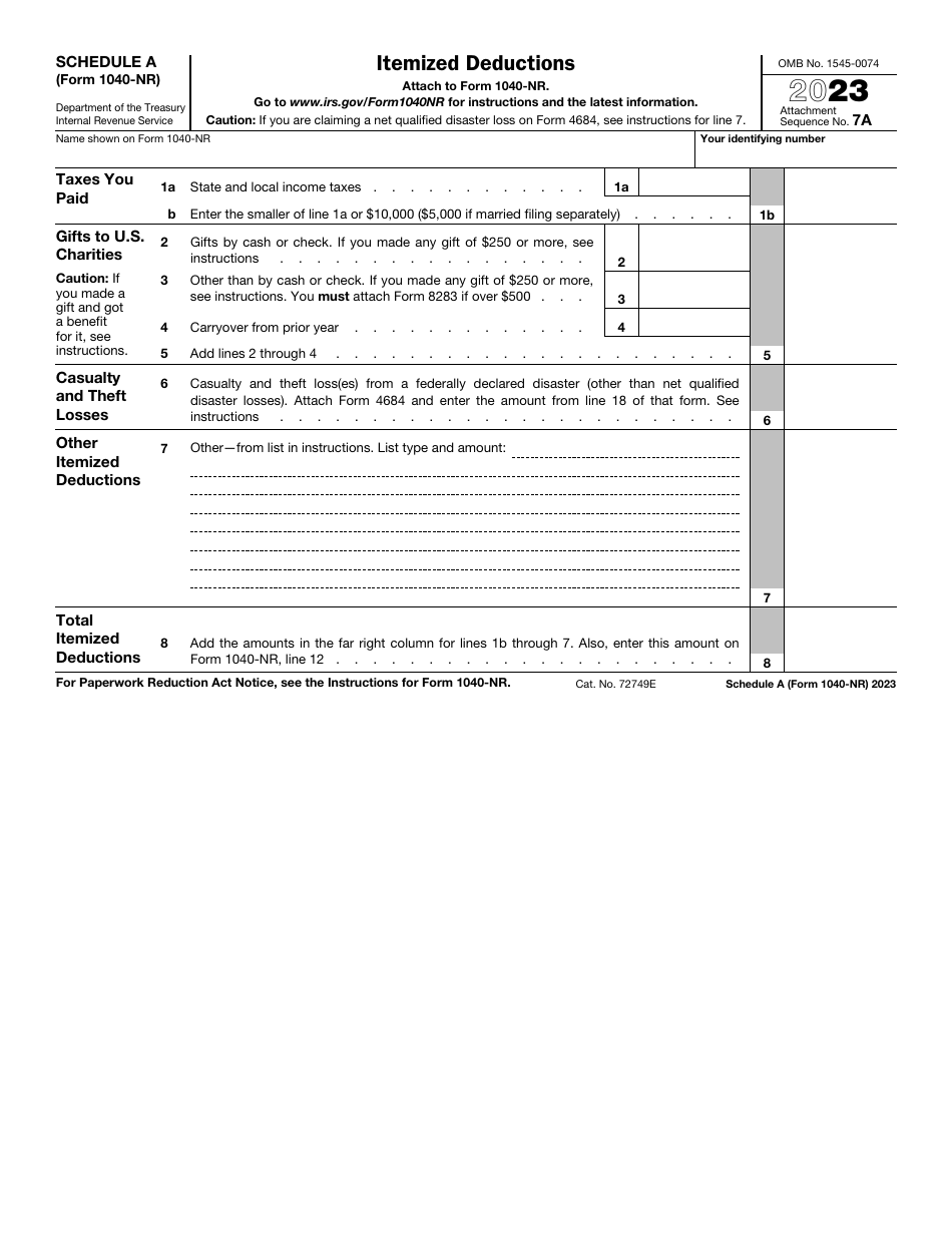 IRS Form 1040-NR Schedule A Itemized Deductions, Page 1