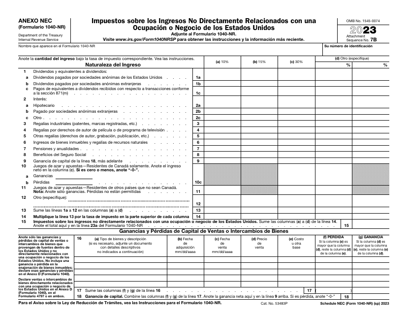 IRS Formulario 1040-NR(SP) Anexo NEC Impuestos Sobre Los Ingresos No Directamente Relacionados Con Una Ocupacion O Negocio De Los Estados Unidos (Spanish), 2023