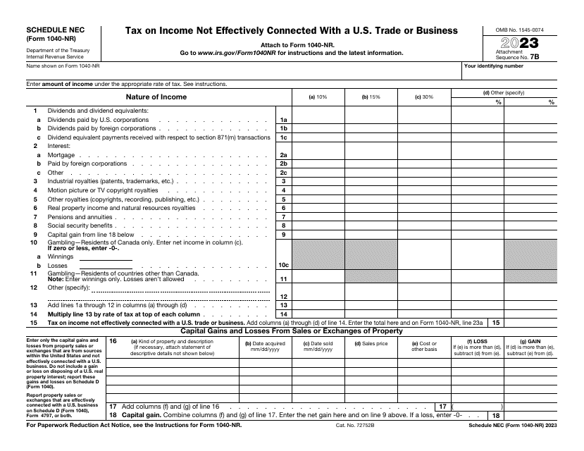 IRS Form 1040-NR Schedule NEC Tax on Income Not Effectively Connected With a U.S. Trade or Business, 2023