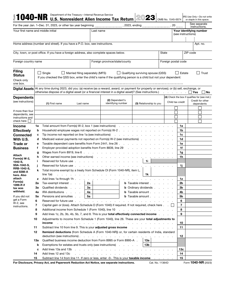 IRS Form 1040-NR U.S. Nonresident Alien Income Tax Return, Page 1