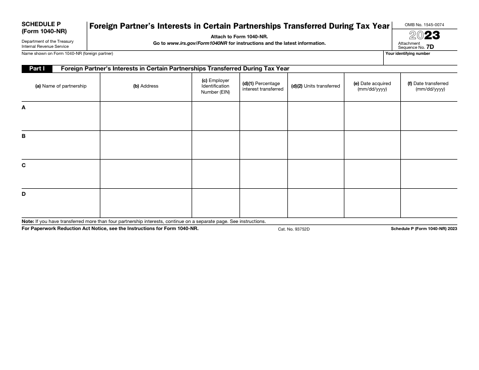 IRS Form 1040-NR Schedule P Foreign Partners Interests in Certain Partnerships Transferred During Tax Year, Page 1