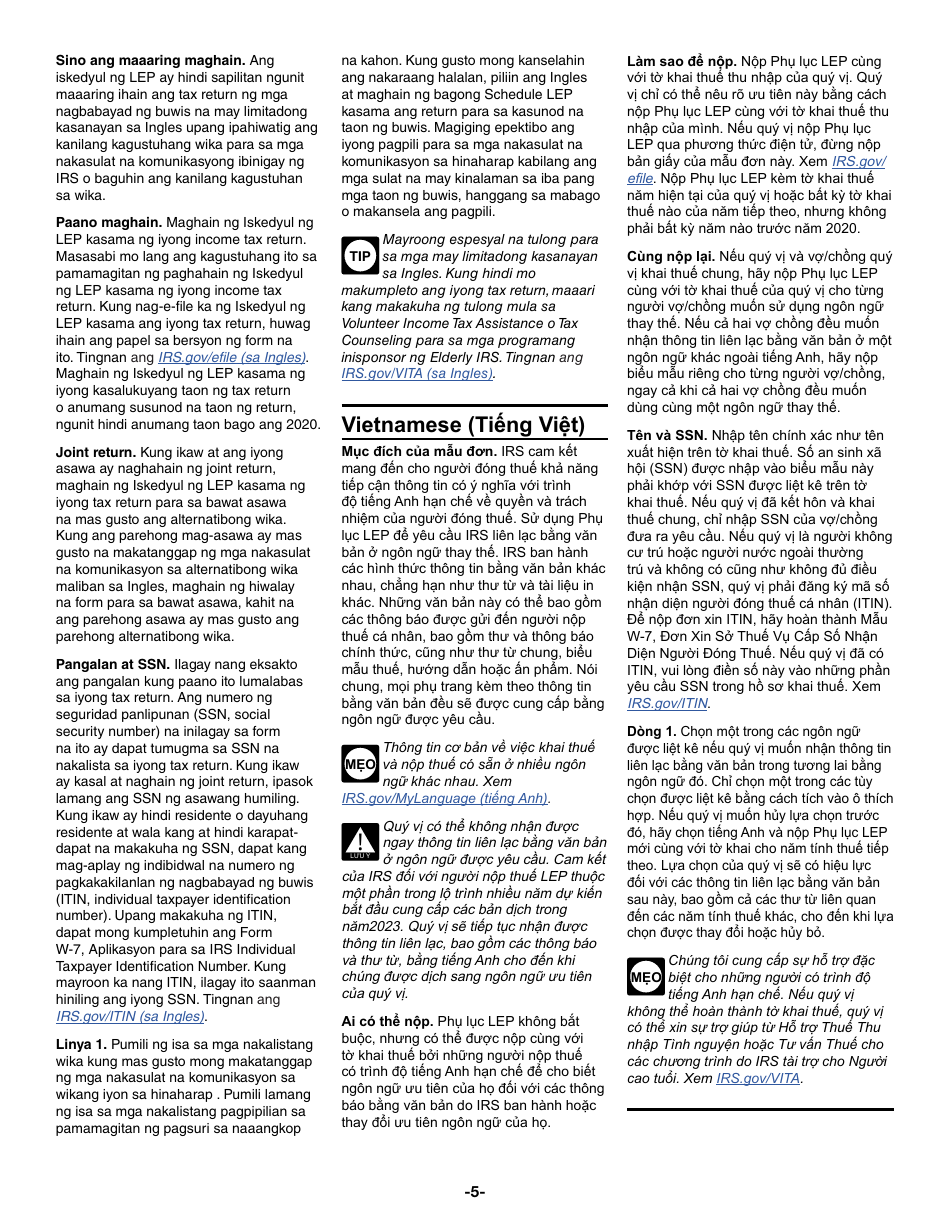 Instructions for Schedule LEP Request for Change in Language Preference, Page 5