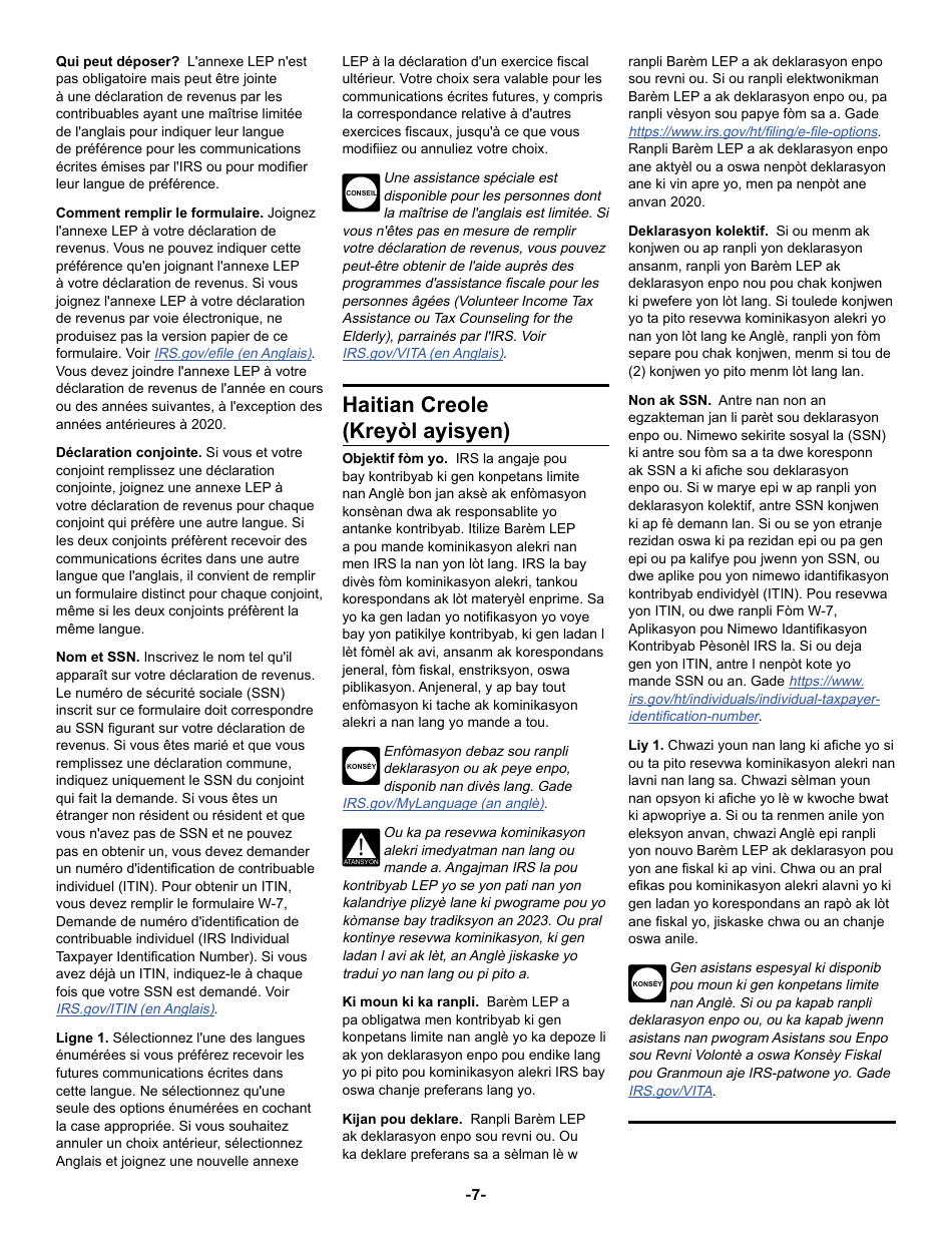 Instructions for Schedule LEP Request for Change in Language Preference, Page 7