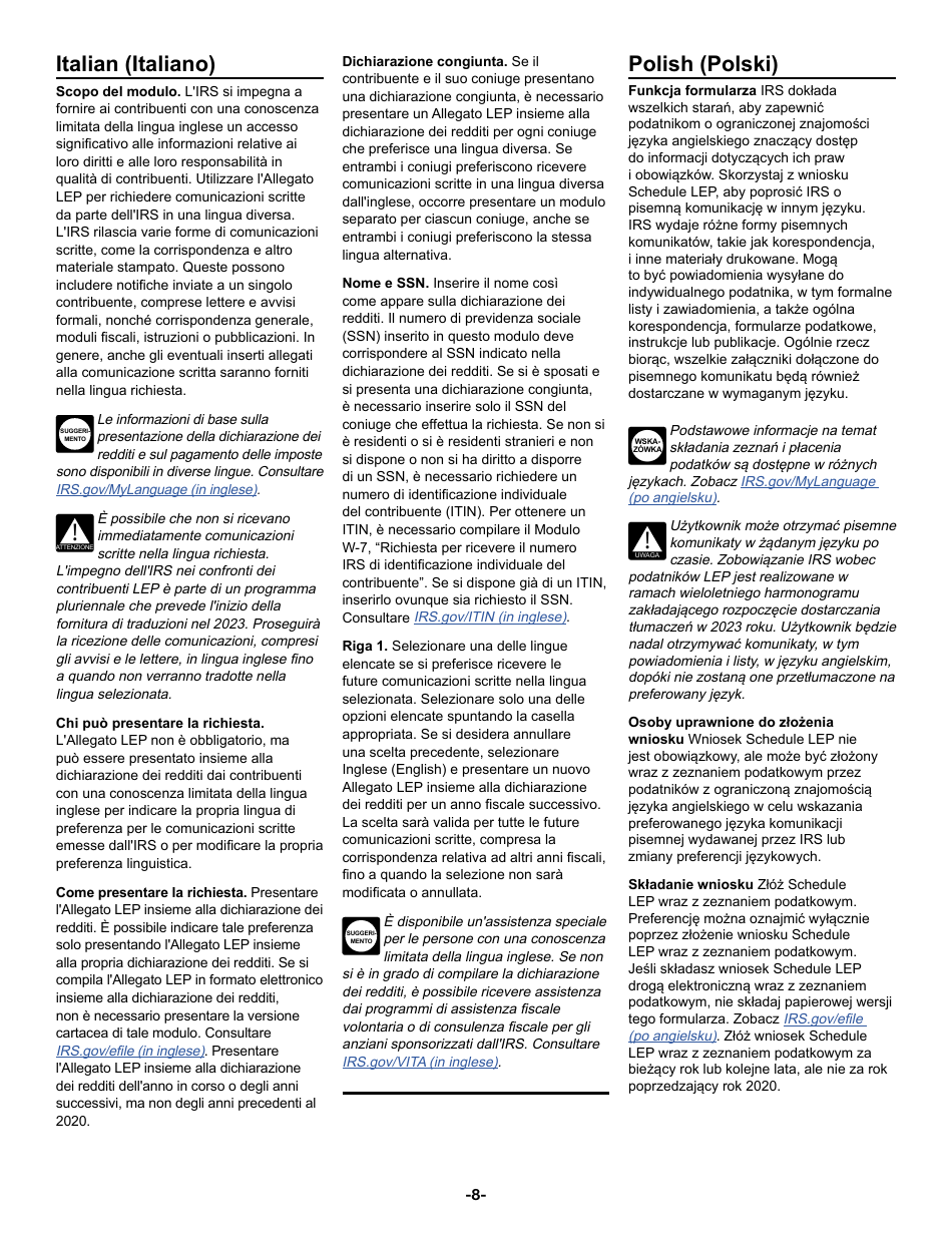 Instructions for Schedule LEP Request for Change in Language Preference, Page 8