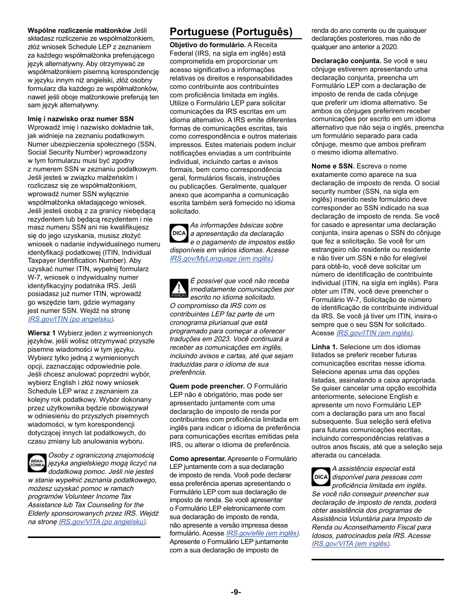 Instructions for Schedule LEP Request for Change in Language Preference, Page 9
