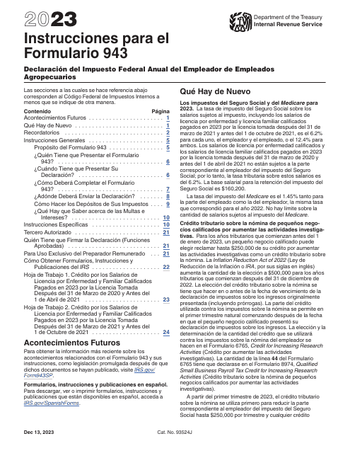 IRS Formulario 943 (SP) 2023 Printable Pdf