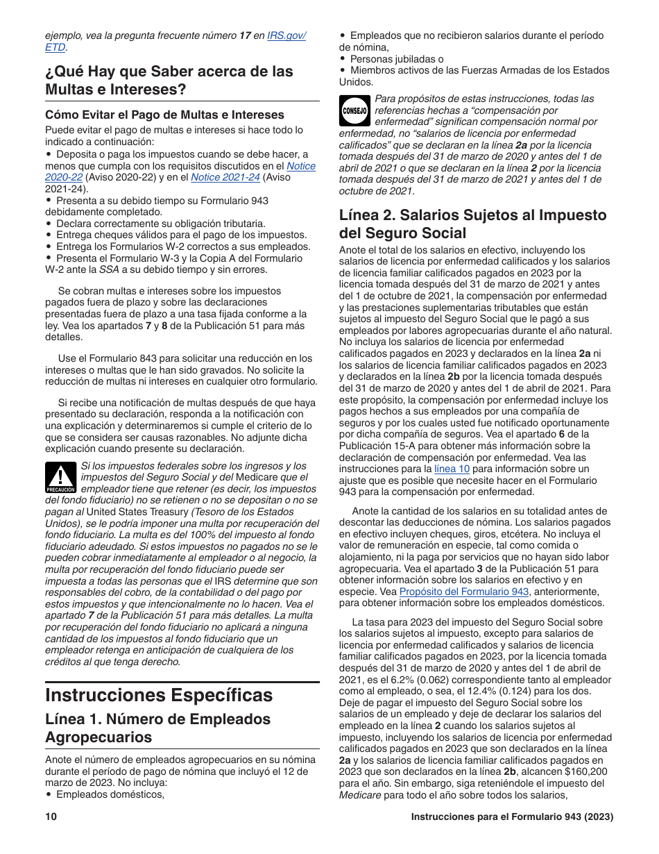 Instrucciones para IRS Formulario 943 (SP) Declaracion Del Impuesto Federal Anual Del Empleador De Empleados Agropecuarios (Spanish), Page 10