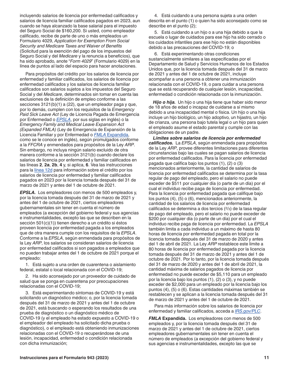 Instrucciones para IRS Formulario 943 (SP) Declaracion Del Impuesto Federal Anual Del Empleador De Empleados Agropecuarios (Spanish), Page 11