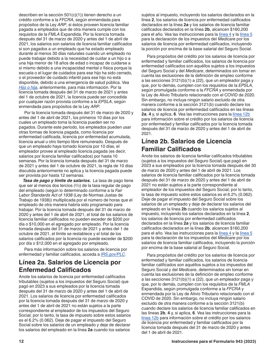 Instrucciones para IRS Formulario 943 (SP) Declaracion Del Impuesto Federal Anual Del Empleador De Empleados Agropecuarios (Spanish), Page 12