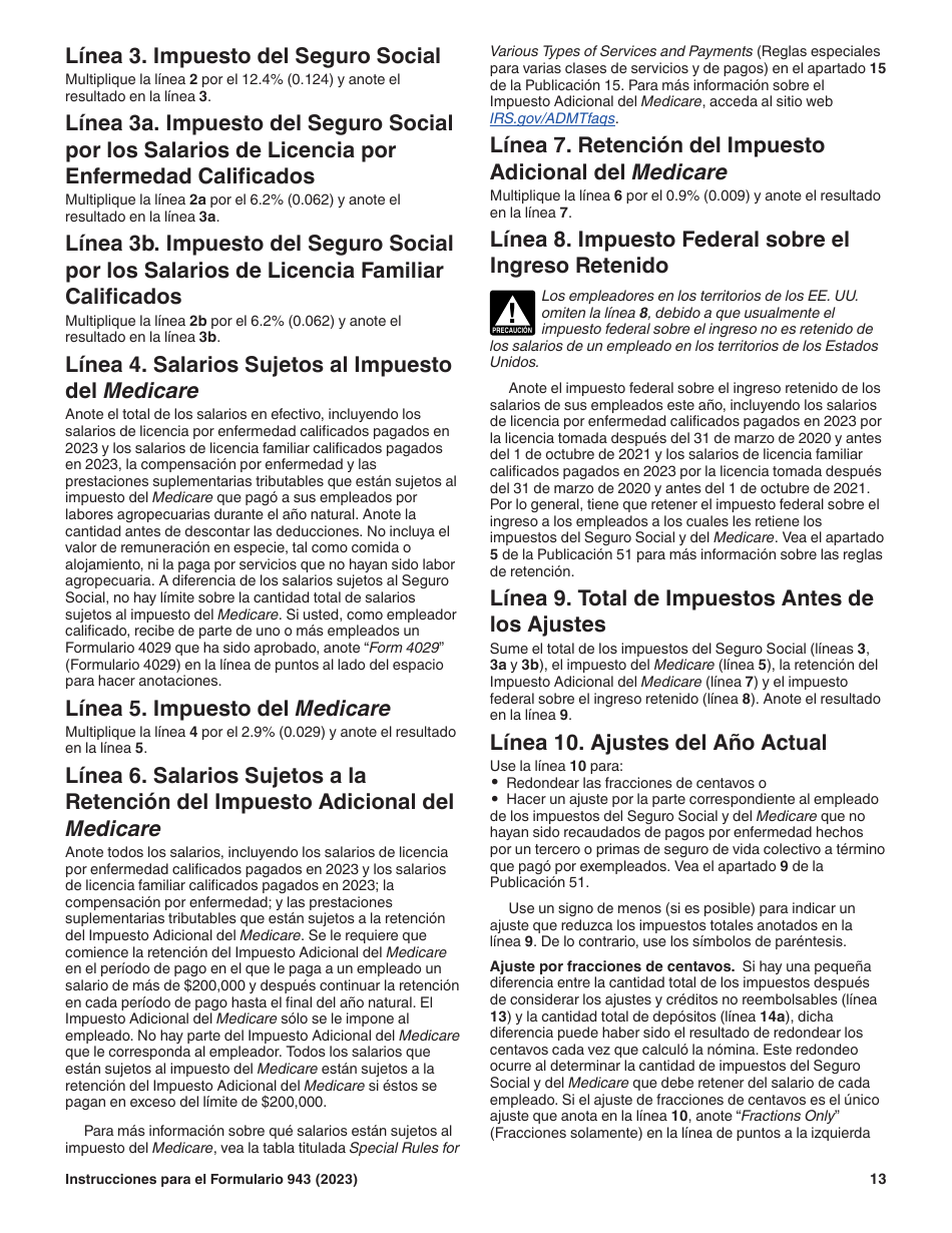 Instrucciones para IRS Formulario 943 (SP) Declaracion Del Impuesto Federal Anual Del Empleador De Empleados Agropecuarios (Spanish), Page 13