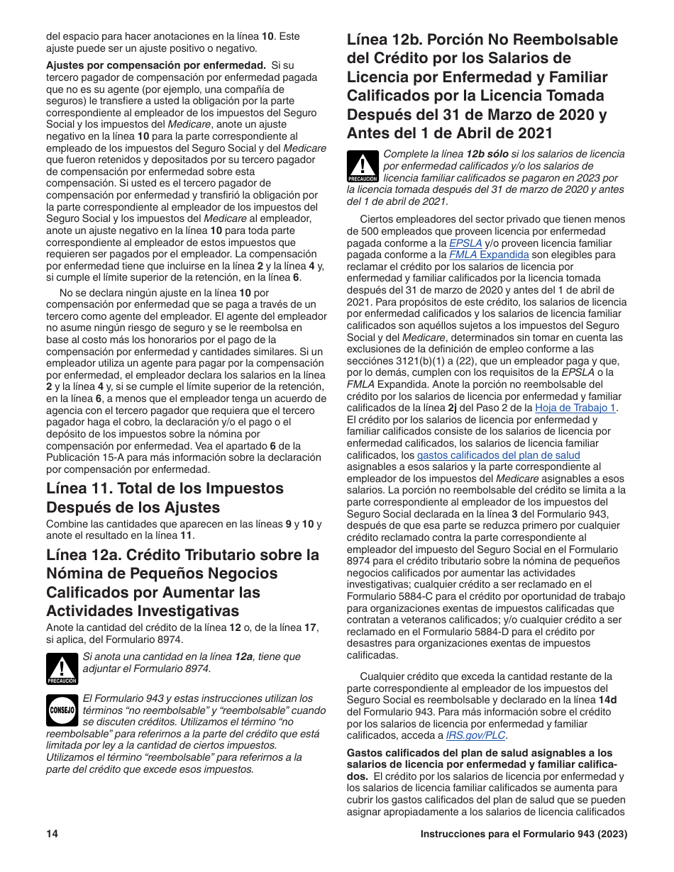 Instrucciones para IRS Formulario 943 (SP) Declaracion Del Impuesto Federal Anual Del Empleador De Empleados Agropecuarios (Spanish), Page 14