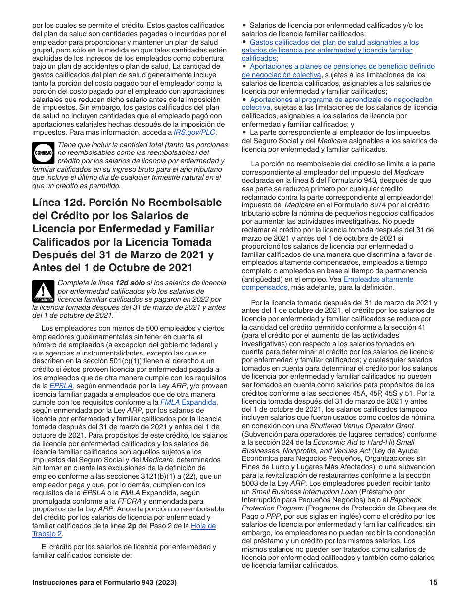 Instrucciones para IRS Formulario 943 (SP) Declaracion Del Impuesto Federal Anual Del Empleador De Empleados Agropecuarios (Spanish), Page 15