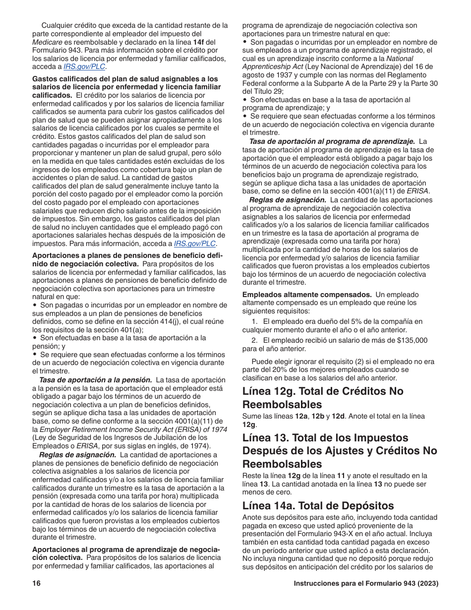 Instrucciones para IRS Formulario 943 (SP) Declaracion Del Impuesto Federal Anual Del Empleador De Empleados Agropecuarios (Spanish), Page 16
