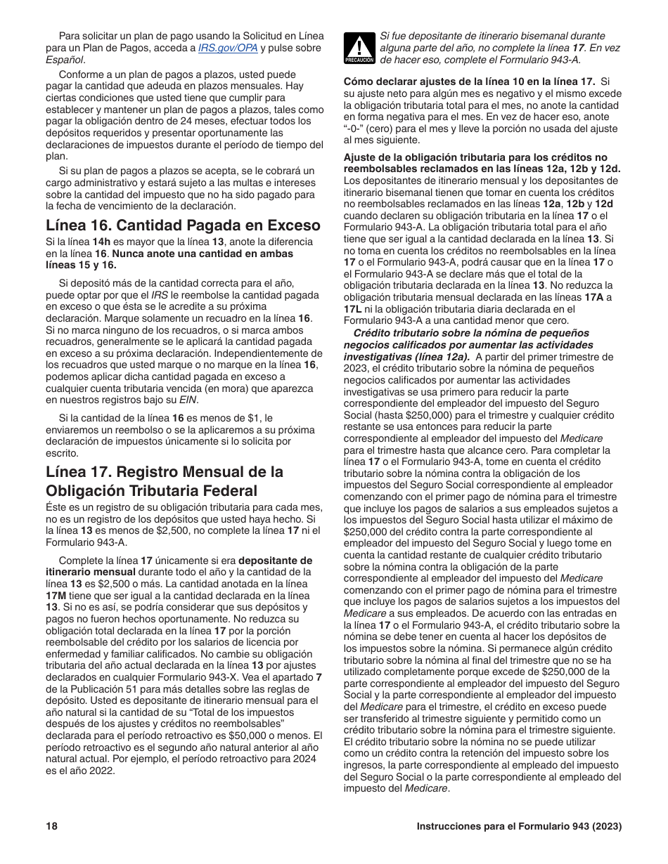 Instrucciones para IRS Formulario 943 (SP) Declaracion Del Impuesto Federal Anual Del Empleador De Empleados Agropecuarios (Spanish), Page 18
