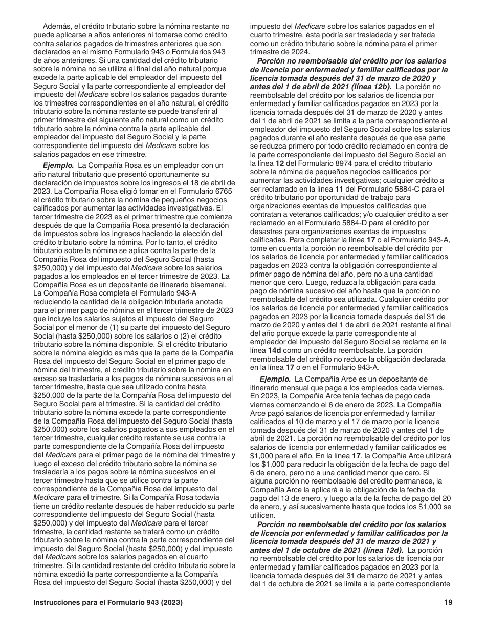 Instrucciones para IRS Formulario 943 (SP) Declaracion Del Impuesto Federal Anual Del Empleador De Empleados Agropecuarios (Spanish), Page 19