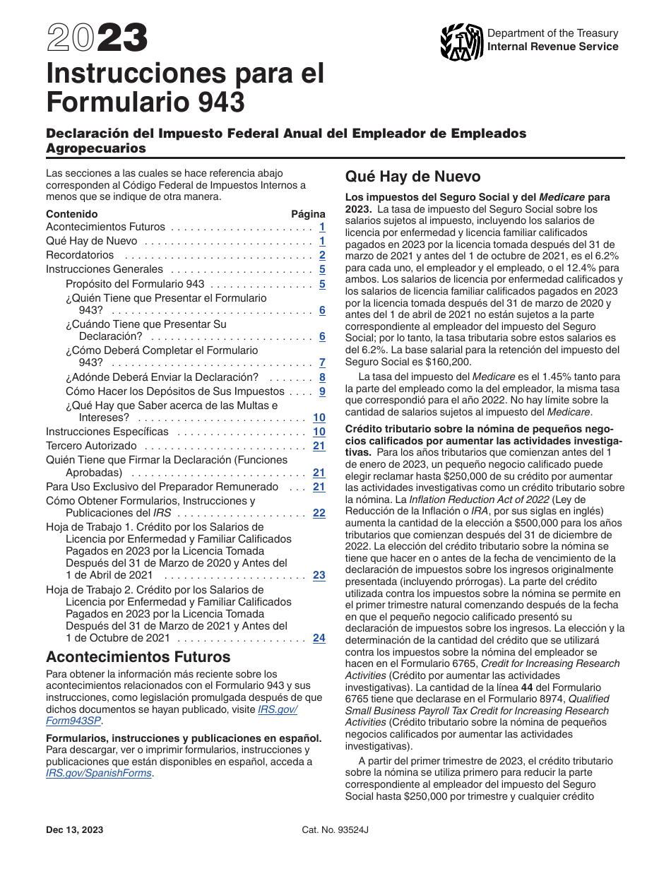 Instrucciones para IRS Formulario 943 (SP) Declaracion Del Impuesto Federal Anual Del Empleador De Empleados Agropecuarios (Spanish), Page 1