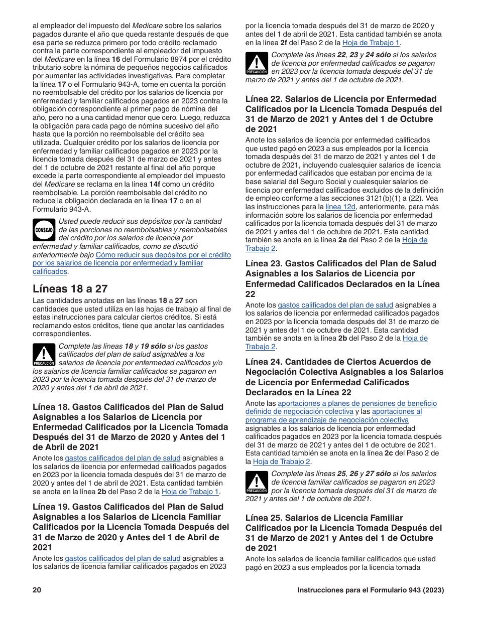 Instrucciones para IRS Formulario 943 (SP) Declaracion Del Impuesto Federal Anual Del Empleador De Empleados Agropecuarios (Spanish), Page 20