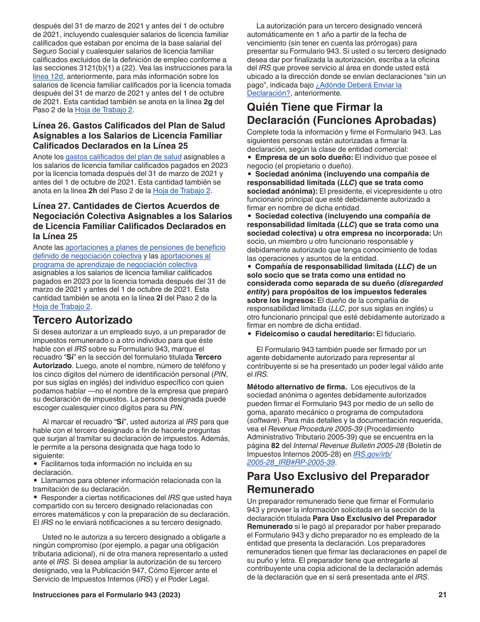 Instrucciones para IRS Formulario 943 (SP) Declaracion Del Impuesto Federal Anual Del Empleador De Empleados Agropecuarios (Spanish), Page 21