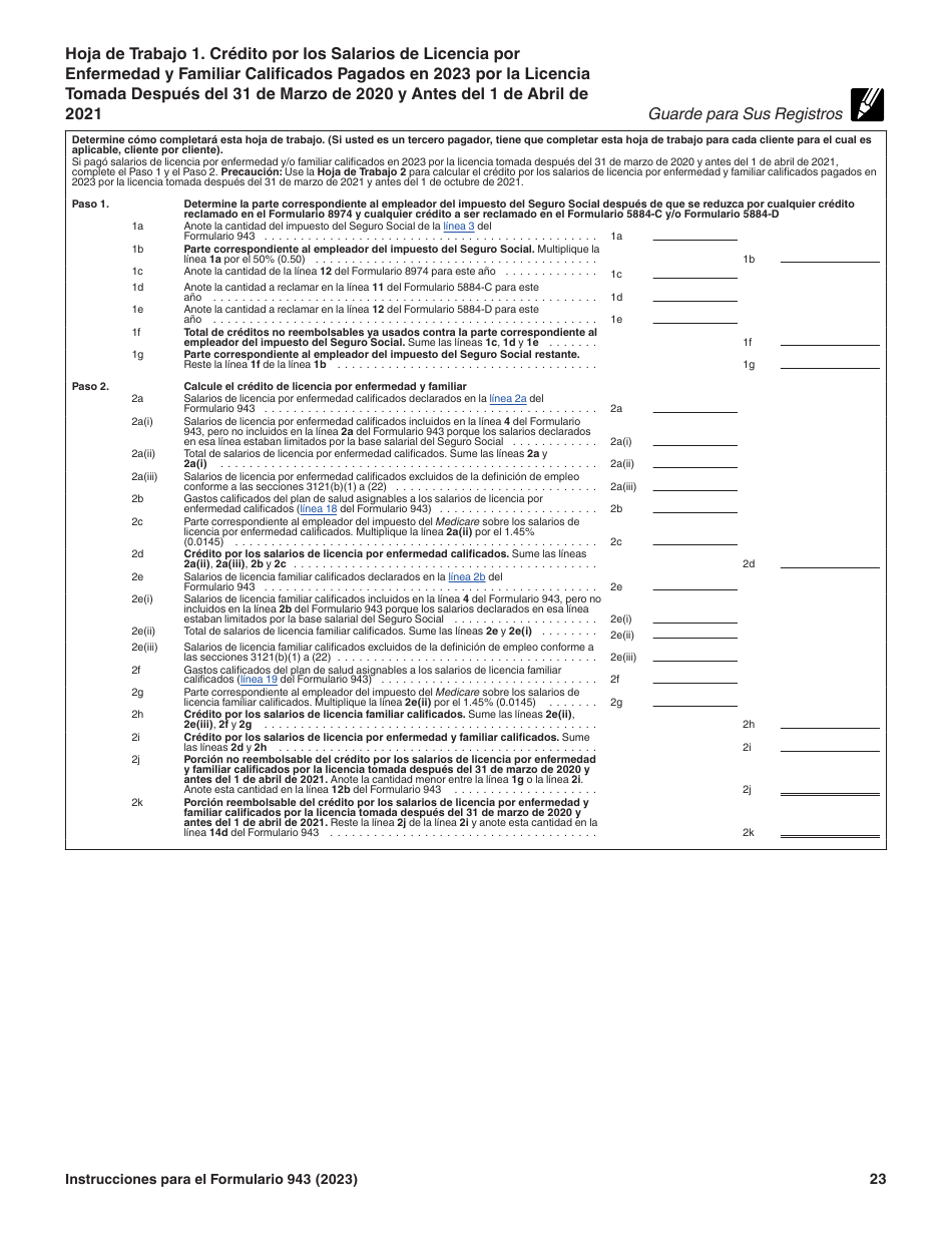 Instrucciones para IRS Formulario 943 (SP) Declaracion Del Impuesto Federal Anual Del Empleador De Empleados Agropecuarios (Spanish), Page 23