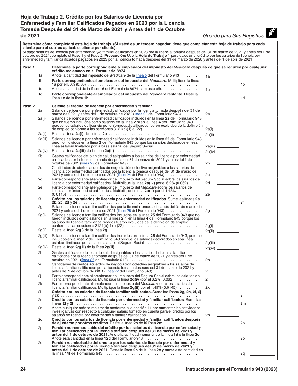 Instrucciones para IRS Formulario 943 (SP) Declaracion Del Impuesto Federal Anual Del Empleador De Empleados Agropecuarios (Spanish), Page 24