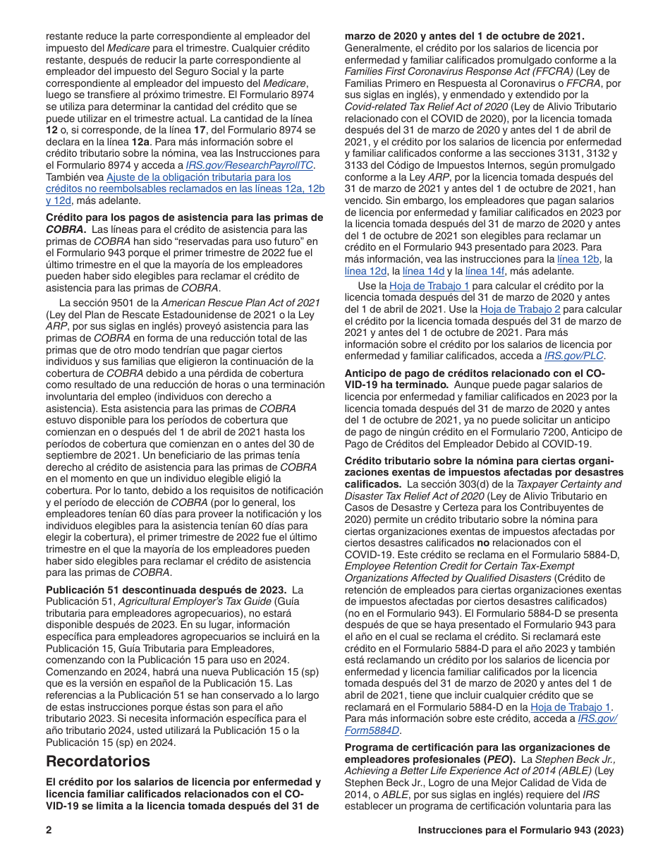 Instrucciones para IRS Formulario 943 (SP) Declaracion Del Impuesto Federal Anual Del Empleador De Empleados Agropecuarios (Spanish), Page 2