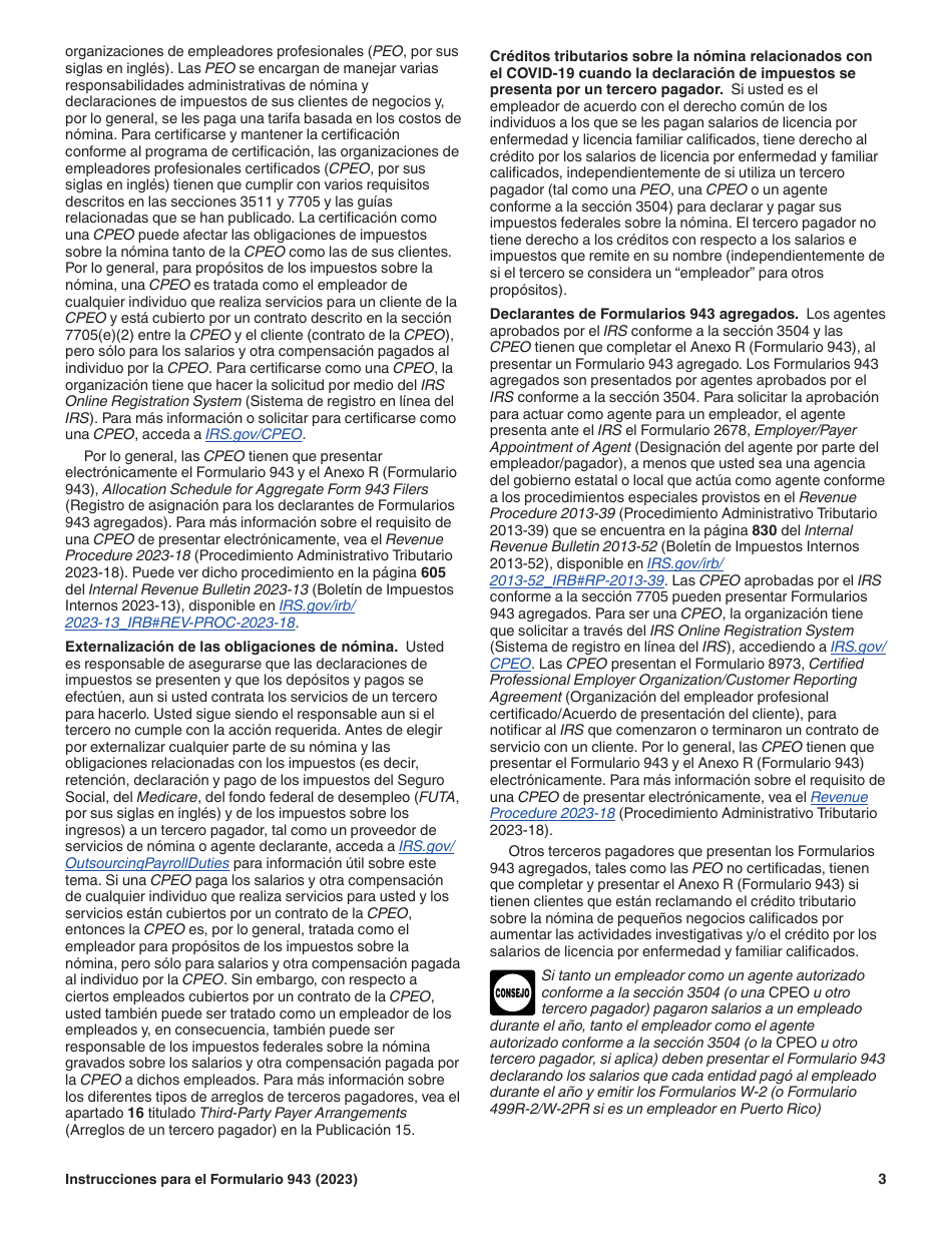 Instrucciones para IRS Formulario 943 (SP) Declaracion Del Impuesto Federal Anual Del Empleador De Empleados Agropecuarios (Spanish), Page 3