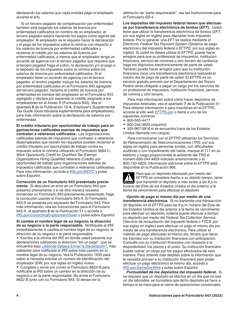 Instrucciones para IRS Formulario 943 (SP) Declaracion Del Impuesto Federal Anual Del Empleador De Empleados Agropecuarios (Spanish), Page 4
