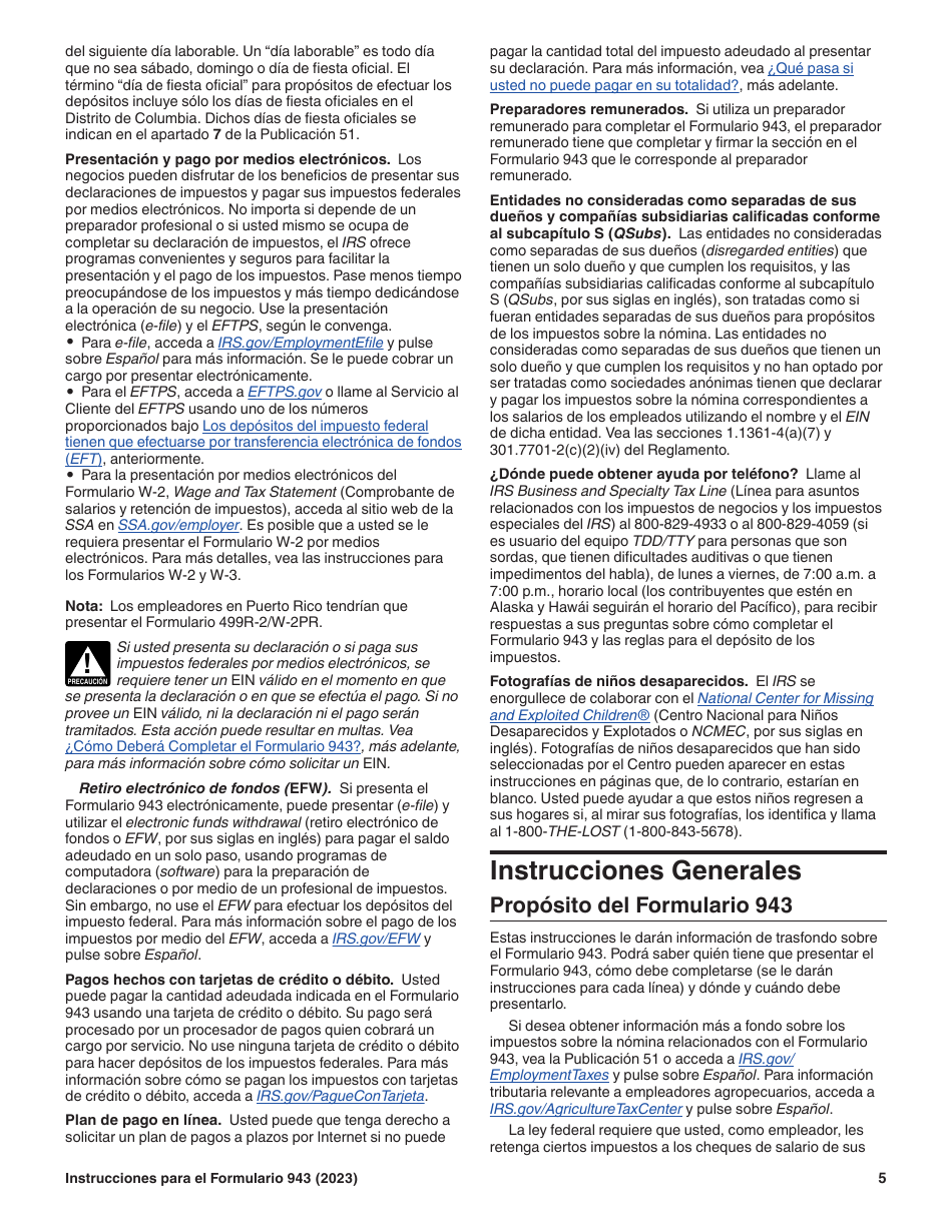 Instrucciones para IRS Formulario 943 (SP) Declaracion Del Impuesto Federal Anual Del Empleador De Empleados Agropecuarios (Spanish), Page 5