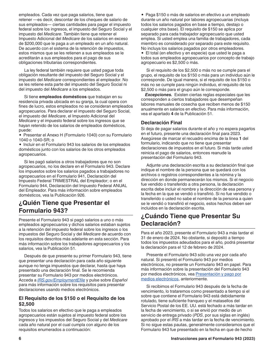 Instrucciones para IRS Formulario 943 (SP) Declaracion Del Impuesto Federal Anual Del Empleador De Empleados Agropecuarios (Spanish), Page 6