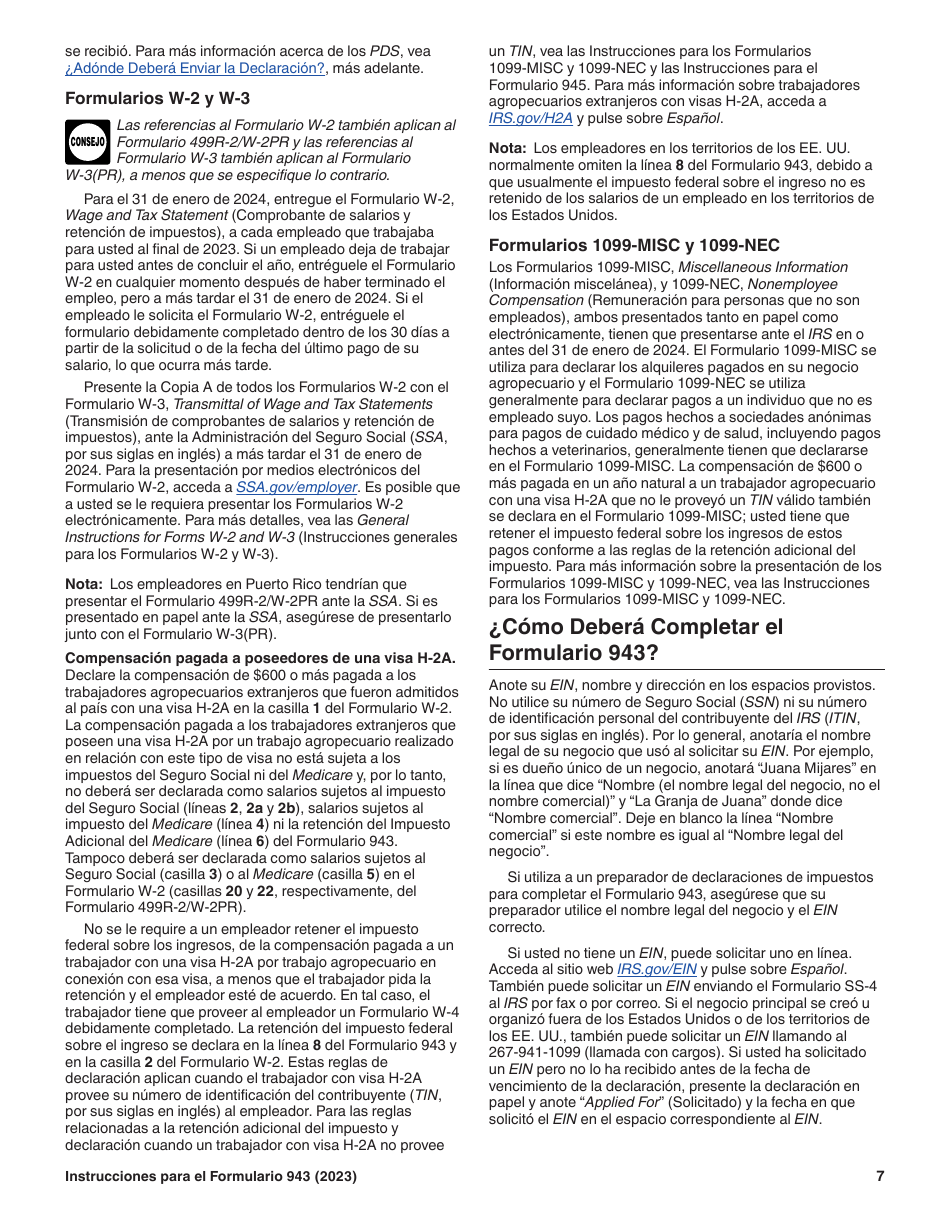 Instrucciones para IRS Formulario 943 (SP) Declaracion Del Impuesto Federal Anual Del Empleador De Empleados Agropecuarios (Spanish), Page 7