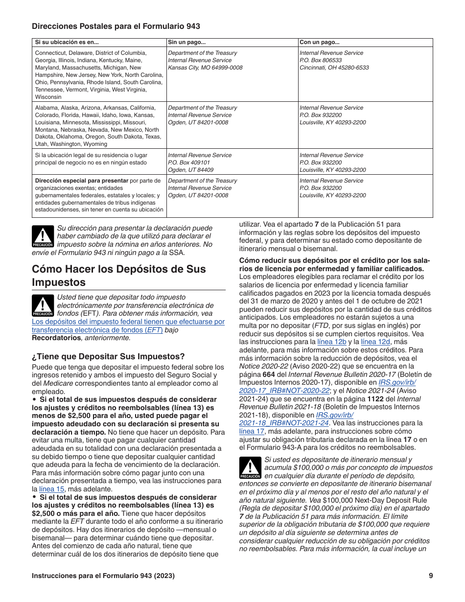 Instrucciones para IRS Formulario 943 (SP) Declaracion Del Impuesto Federal Anual Del Empleador De Empleados Agropecuarios (Spanish), Page 9