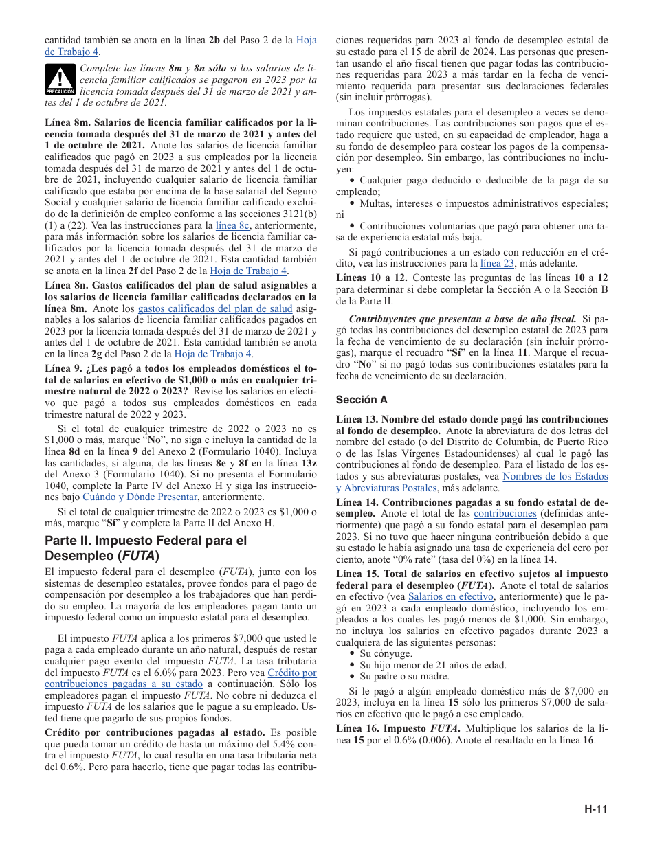 Instrucciones para IRS Formulario 1040 (SP) X Anexo H Impuestos Sobre El Empleo De Empleados Domesticos (Spanish), Page 11