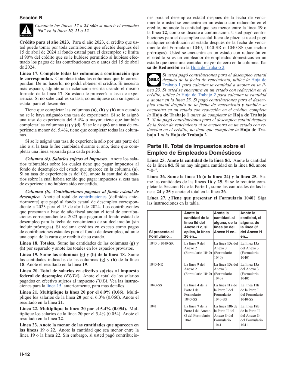Instrucciones para IRS Formulario 1040 (SP) X Anexo H Impuestos Sobre El Empleo De Empleados Domesticos (Spanish), Page 12