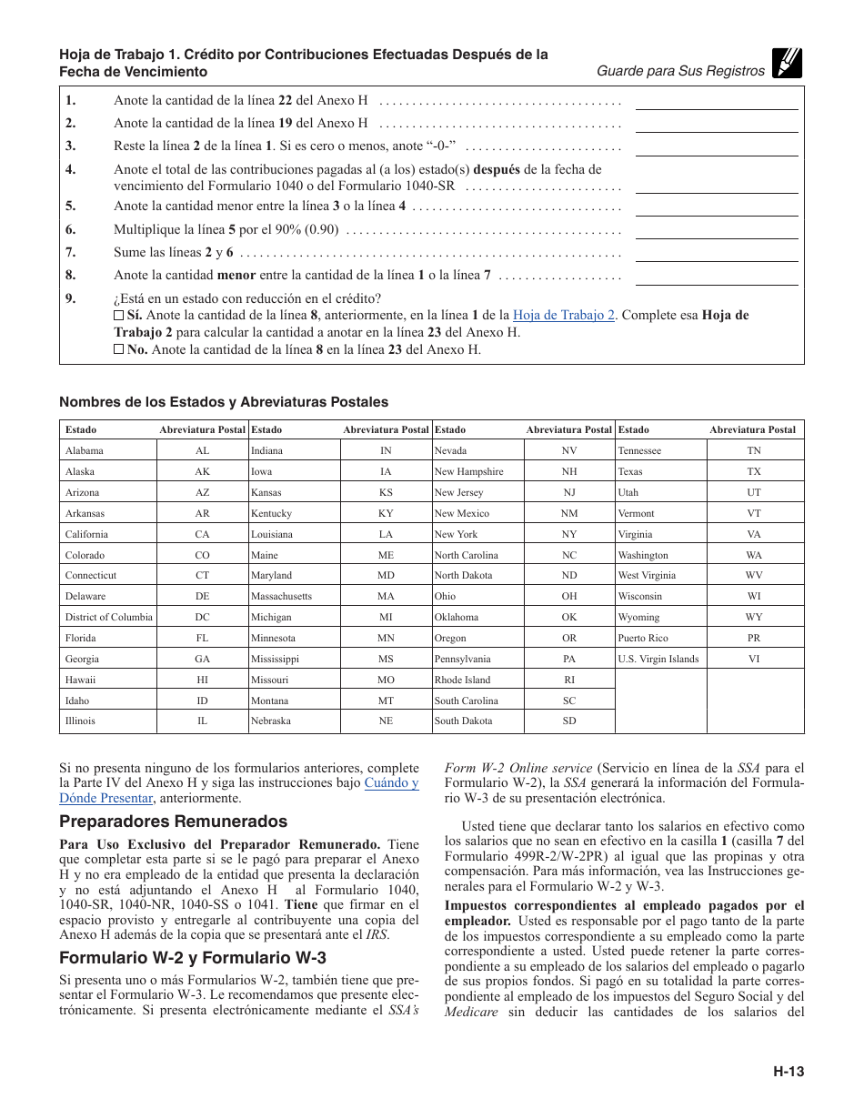 Instrucciones para IRS Formulario 1040 (SP) X Anexo H Impuestos Sobre El Empleo De Empleados Domesticos (Spanish), Page 13