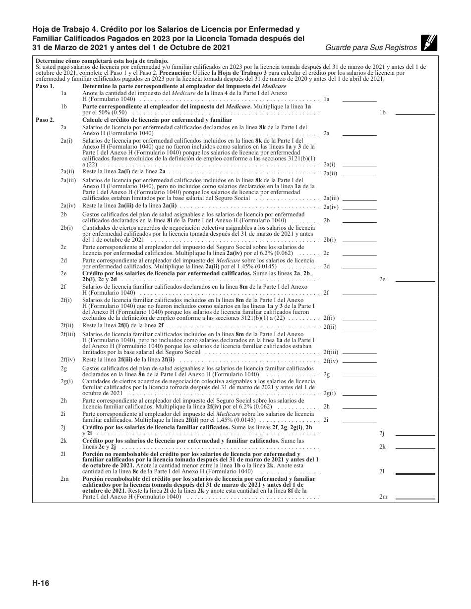 Instrucciones para IRS Formulario 1040 (SP) X Anexo H Impuestos Sobre El Empleo De Empleados Domesticos (Spanish), Page 16