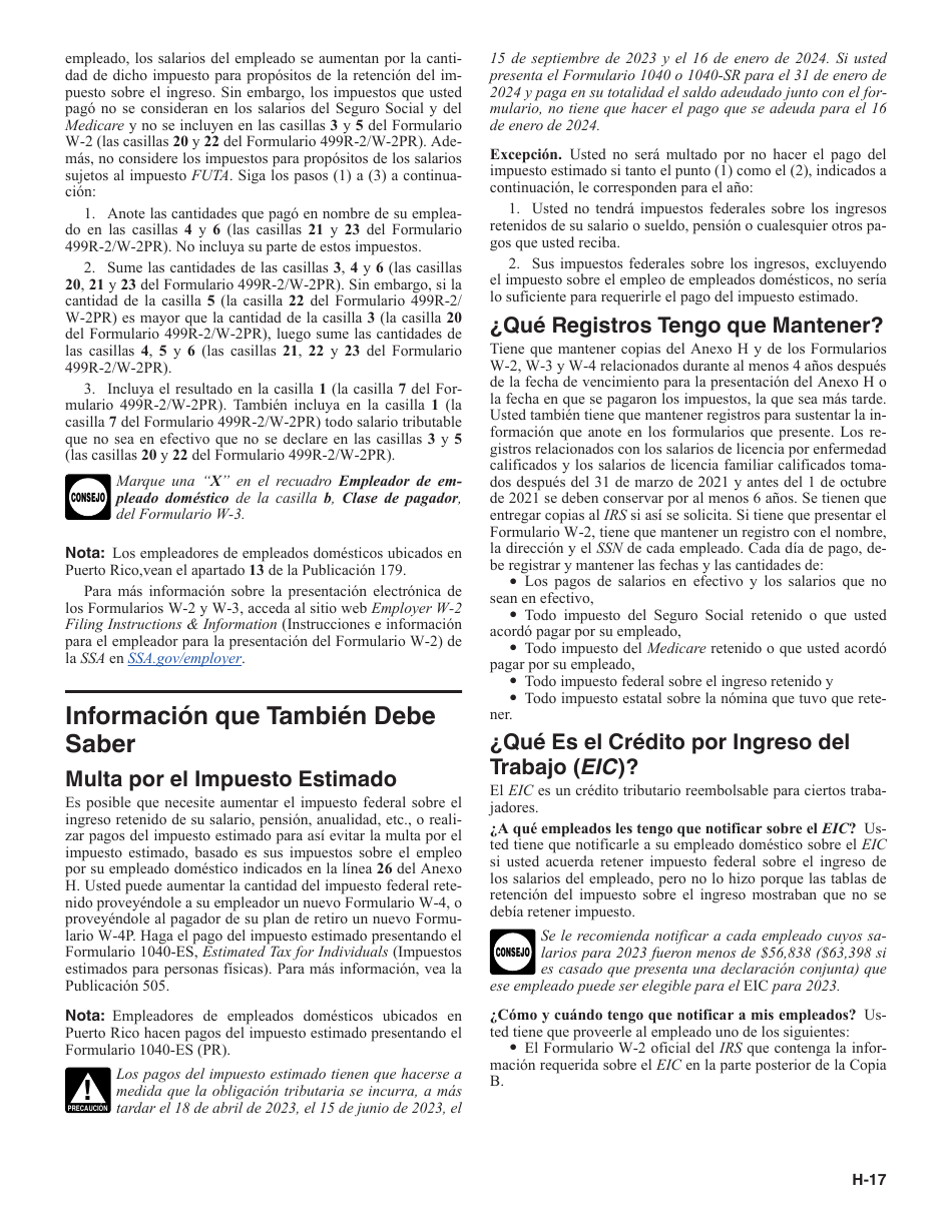 Instrucciones para IRS Formulario 1040 (SP) X Anexo H Impuestos Sobre El Empleo De Empleados Domesticos (Spanish), Page 17