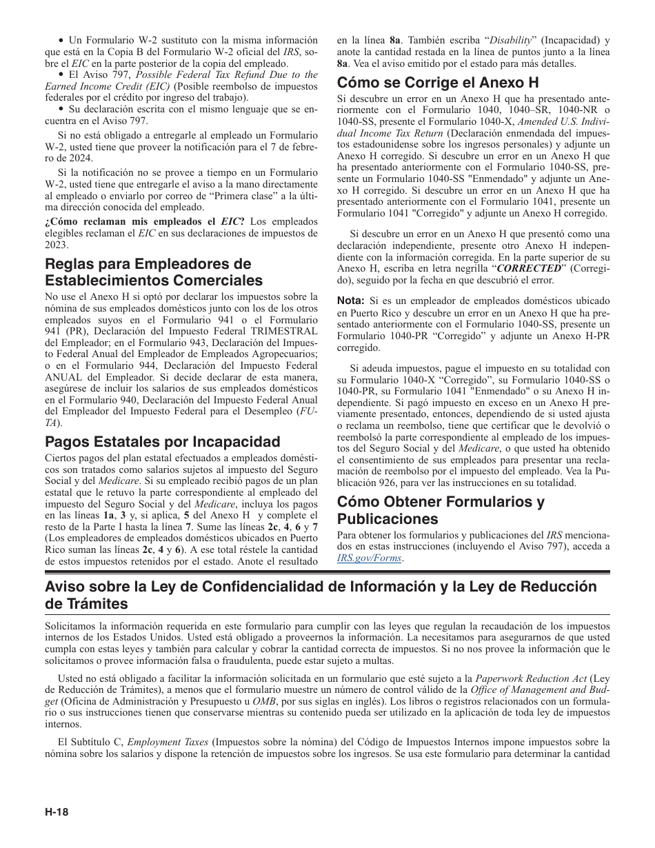 Instrucciones para IRS Formulario 1040 (SP) X Anexo H Impuestos Sobre El Empleo De Empleados Domesticos (Spanish), Page 18