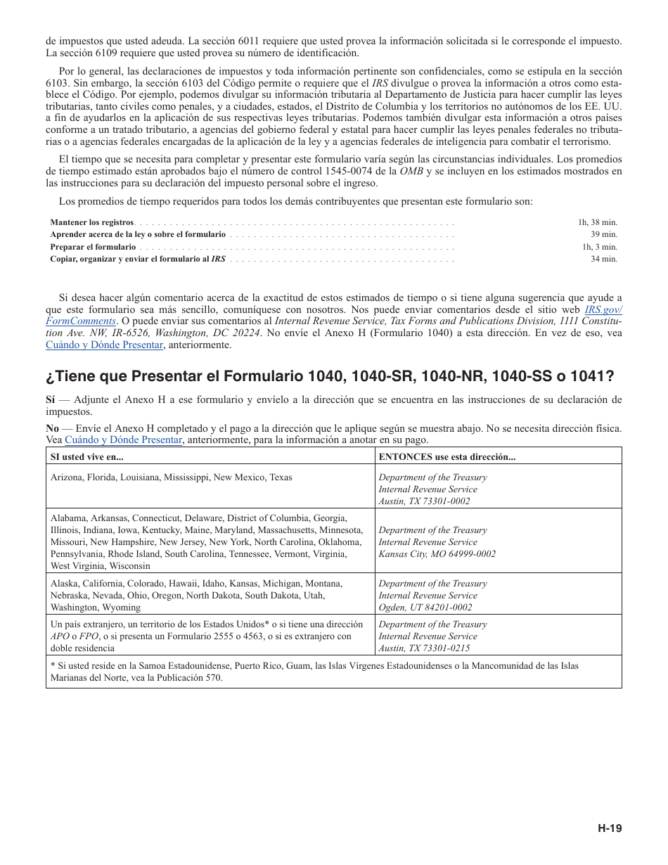 Instrucciones para IRS Formulario 1040 (SP) X Anexo H Impuestos Sobre El Empleo De Empleados Domesticos (Spanish), Page 19