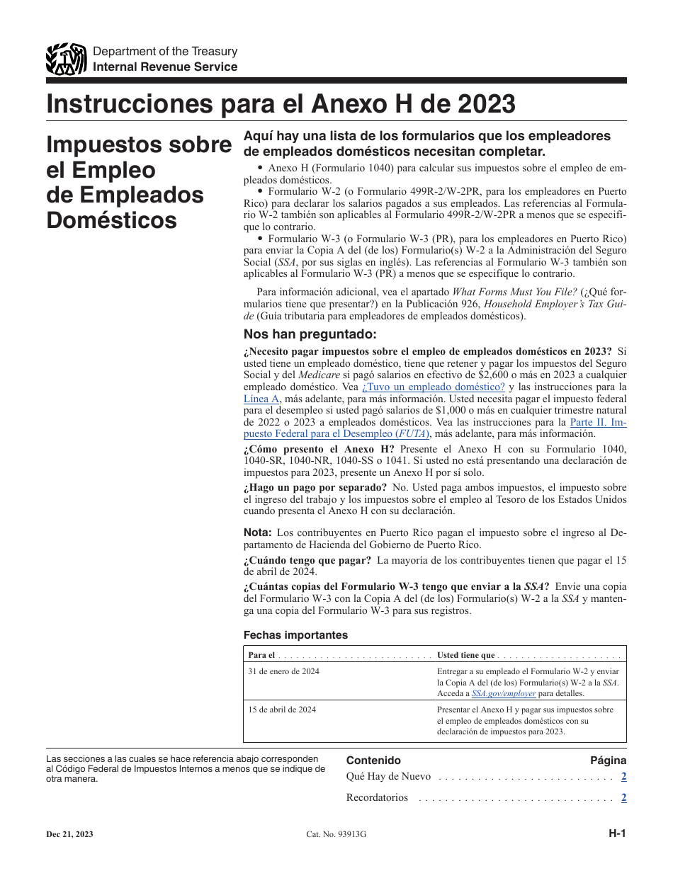 Instrucciones para IRS Formulario 1040 (SP) X Anexo H Impuestos Sobre El Empleo De Empleados Domesticos (Spanish), Page 1