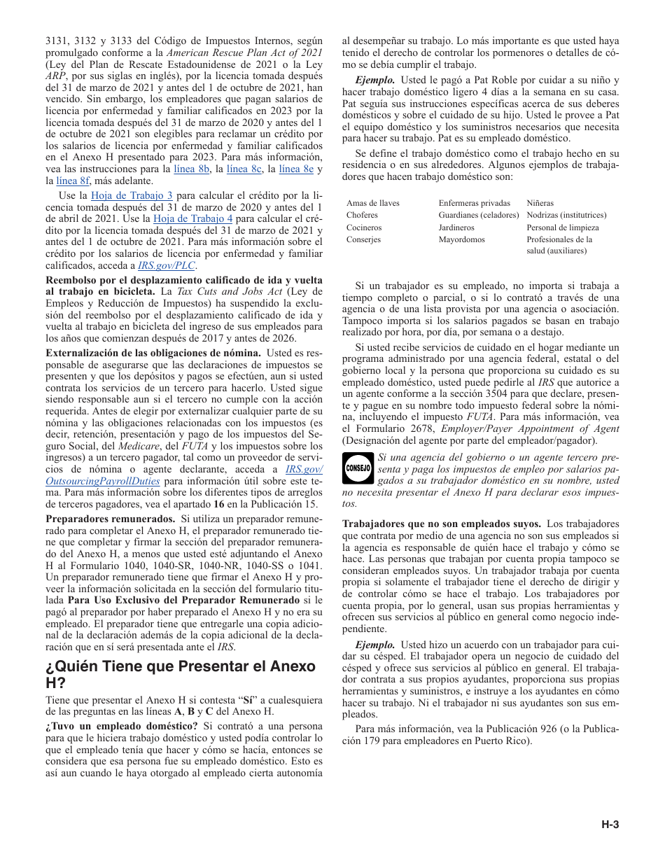 Instrucciones para IRS Formulario 1040 (SP) X Anexo H Impuestos Sobre El Empleo De Empleados Domesticos (Spanish), Page 3