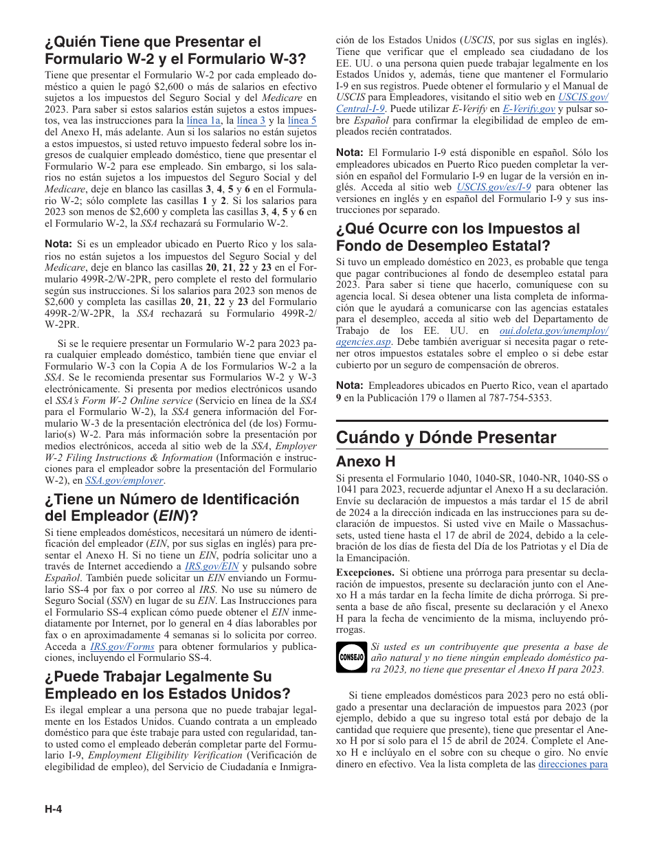 Instrucciones para IRS Formulario 1040 (SP) X Anexo H Impuestos Sobre El Empleo De Empleados Domesticos (Spanish), Page 4